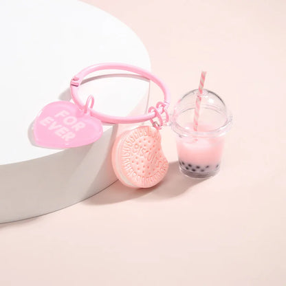 Cute  Keychains Ice-cream Bubble Tea Biscuit Pink Key Rings Friendship For Best Friend Women Girl Handbag Gift Jewelry