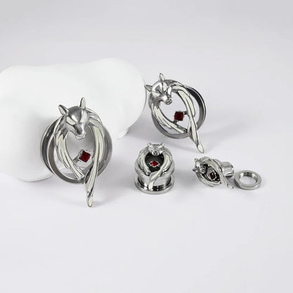 1PC Stainles Steel Luminous Wolf Head Red CZ Ear Plugs Expanders Screw Ear Gauge Earring Gauges Stretchers Body Piercing Jewelry