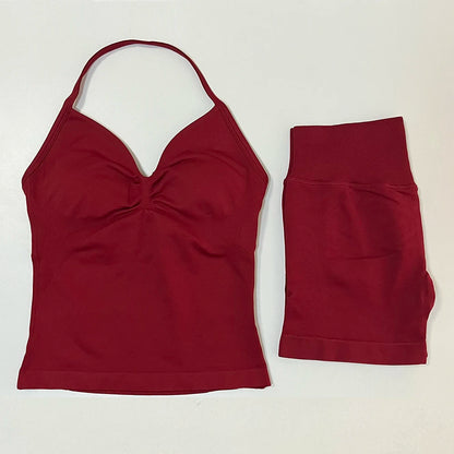 2pcs Gym Set Women Backless Tank Top and Scrunch Seamless Yoga Shorts Suits Fitness Yoga Set Activewear Workout Sets Sports Suit