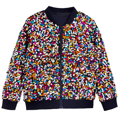 Luxury Sequin Zip Up Rainbow Gradient Coat Shiny Beaded Bomber Jacket Club Dance Streetwear Drop Shoulder Cardigan Tops Abrigos