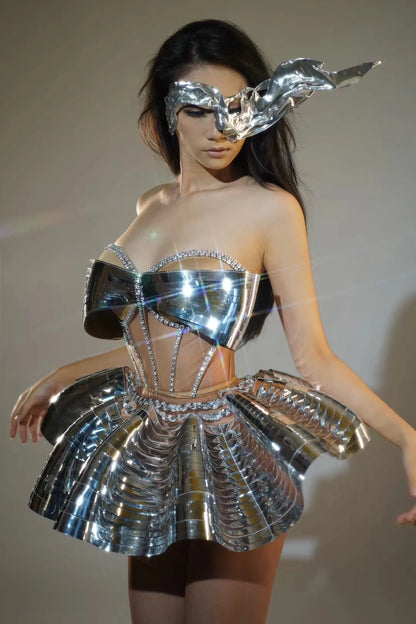 Sexy Diamonds Activity Clothing Women ClubCelebrate Stage Wear Performance Outfit Sparkly GoloSilver Top 2PCS Skirt Sets  Y009