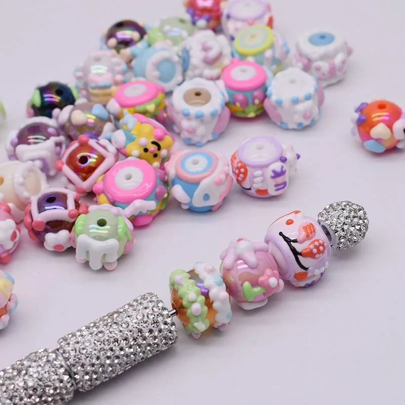 10pcs/bag Acrylic Beads Fashion Hand Drawn Cartoon Painting Loose Beaded DIY Handmade DIY Bracelets Mobile phone chain Bead Pen