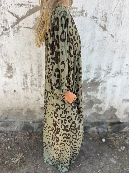 Women Sexy V-Neck Maxi Dresses Summer Bohemian Short Sleeve Leopard Print Long Dress Female Vintage Holiday Beach Cover Up Robe