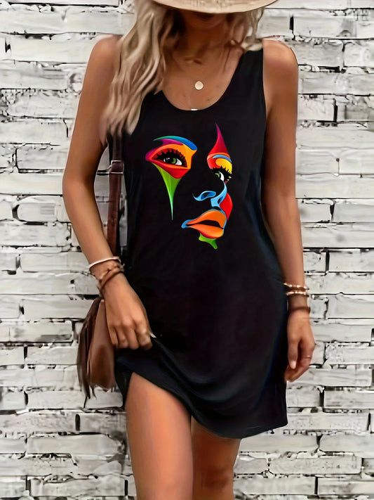 Women's summer loose and comfortable casual color portrait pattern print black sleeveless vest skirt punk style dress