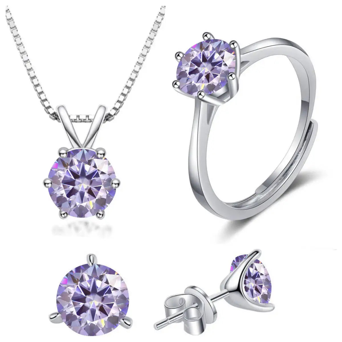 925スターリングシルバー 1CT*4 Dカラー モアサナイト リング イヤリング ネックレス セット ファインジュエリーセット エレガント レディースジュエリー パーティー ウェディング用