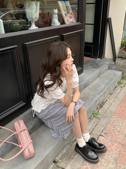 Women French Gentle Style Fungus Edges O-neck Puff Short-sleeved Shirts Summer Lace-up Bow Waist Slimming Single Breasted Blouse