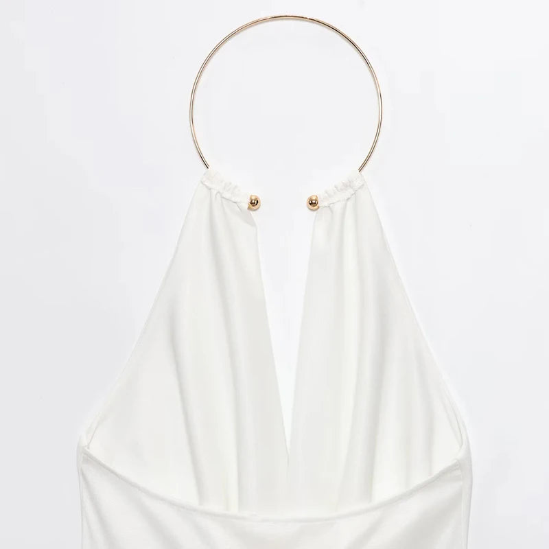 HXAO Halter Neck Bodysuits Sexy Summer Off Shoulder Bodysuit Women Brown Top Ruched Ring Backless Thong Bodysuit Woman One Piece