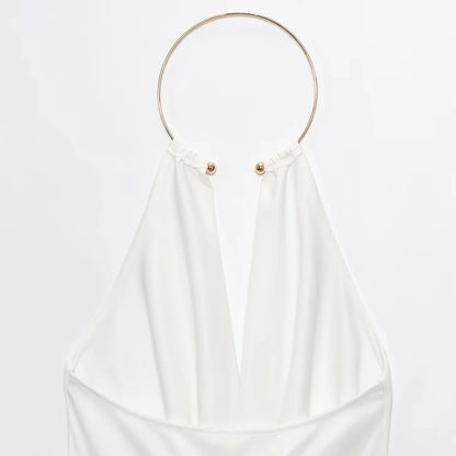 HXAO Halter Neck Bodysuits Sexy Summer Off Shoulder Bodysuit Women Brown Top Ruched Ring Backless Thong Bodysuit Woman One Piece