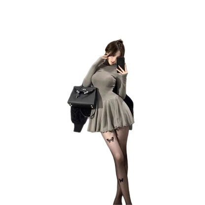 スリミングハイカラー長袖レディースドレス エンパイアウエストミニスカート ベースレイヤースカート パフドレス ファッショナブルな秋の新作