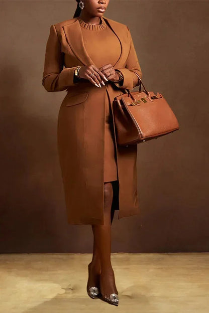 HLJ High Quality Elegant Office Lady Blazer Two Piece Sets Women Lapel Long Sleeve Coat And Slim Dress Outfit Female Clothing