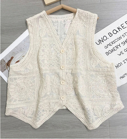 Vintage Cotton Sleeveless Crochet Vests Jackets For Women Tank Tops Summer Loose Boho Beach Cover Up Casual Women's Blusas