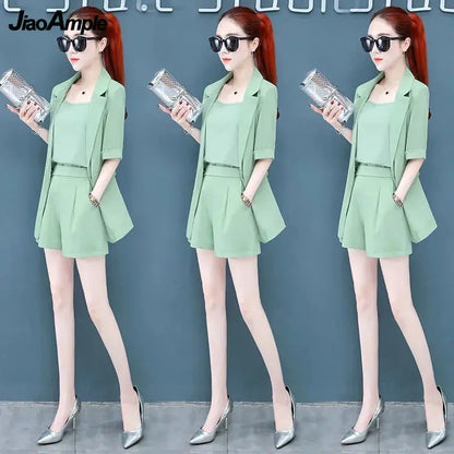 2025 Summer New Suit Vest Shorts Three-piece Women's Elegant Professional Wear Korean Fashion Slim Blazers Suspenders Pants Set