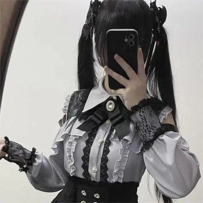 Kawaii Off Shoulder Long Sleeve Shirts Women Black Short Skirt Set Y2K Gothic Ruffle Skirts Lace Lolita Shirt Gown Suit ﻿﻿﻿﻿﻿