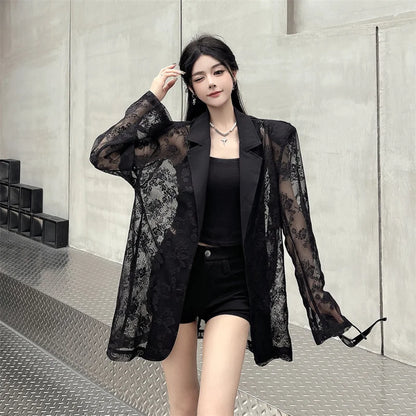Women Clothing Summer Thin Jackets 2025 Ropa Mujer Patchwork Lace Temperament Coat Sexy Y2k Tops See Through Oversized Outwear