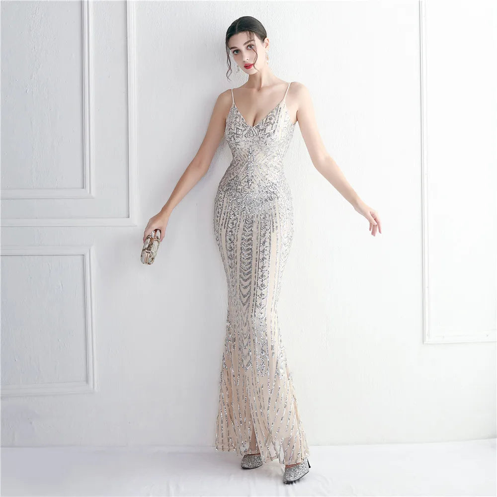 Women's Black Long Sleeve Padded Strap Sequin Dress Length, Sparkles Stretch, V Neck Mermaid, Formal Evening Dress, Night Party