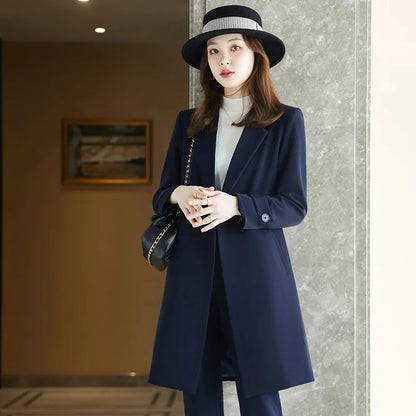 2022 Winter High-end Women's Business Suit Pants Two-piece Set Temperament Slim Solid Color Lady Double Breasted Trench Coat