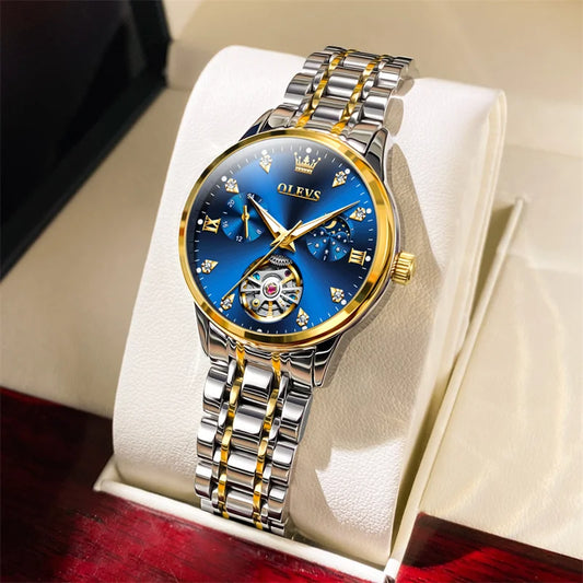 OLEVS Original Women Skeleton Mechanical Watches Ladies Steel Wristwatch Waterproof Automatic Tourbillon Watch Reloj para mujer