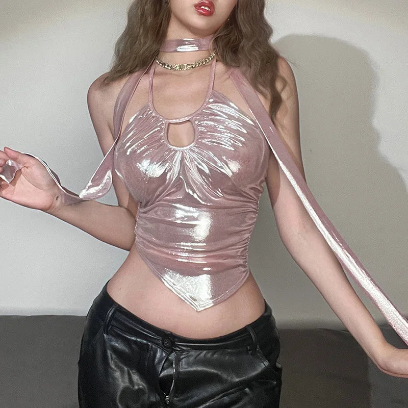 Nibber Metallic Retro Matte Solid Color Simple Sexy All-Match Summer High Street Confident Cool Mature Charm Women Backless Vest