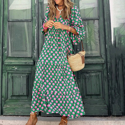 Women's Summer Casual Fashion Geometric Print Neckline Lace-up Bubble Middle-sleeves Ruffle Stitching Big Swing Long Losse Dress