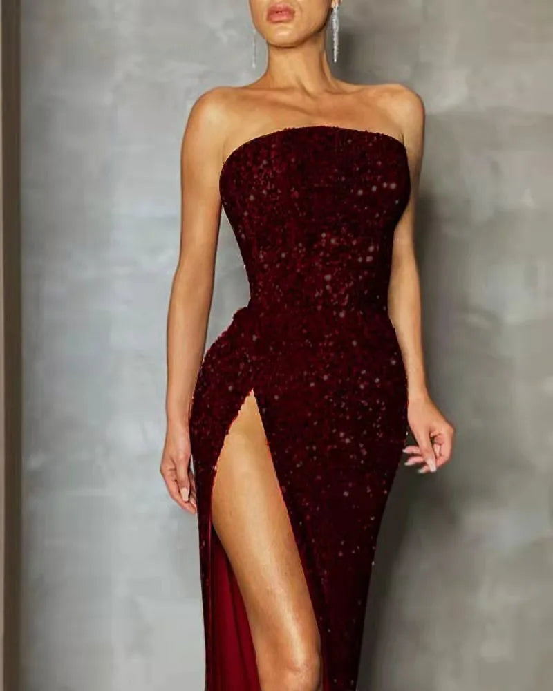 Ele Sexy Women's Evening Dr Wrap Chest Slit Sequin Gown mid Waist Deep V Ne Long Skirt Fi Tail Sle Casual Can...