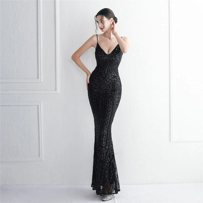 Women's Black Long Sleeve Padded Strap Sequin Dress Length, Sparkles Stretch, V Neck Mermaid, Formal Evening Dress, Night Party