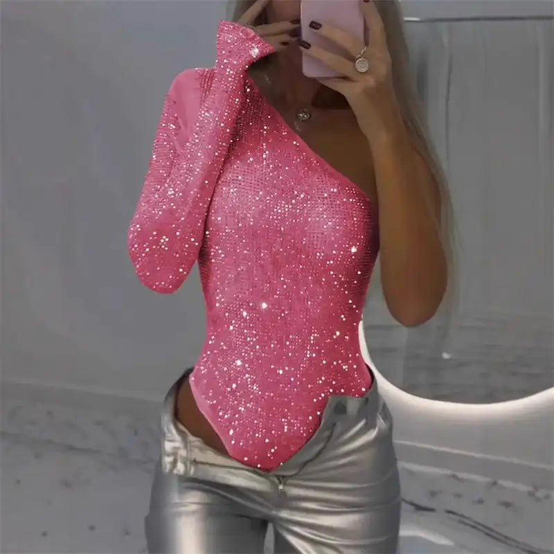 Women's One Shoulder Sequin Bodysuit Sexy Glitter Asymmetric One Shoulder Rhinestone Sequin Top Women's Bodysuit