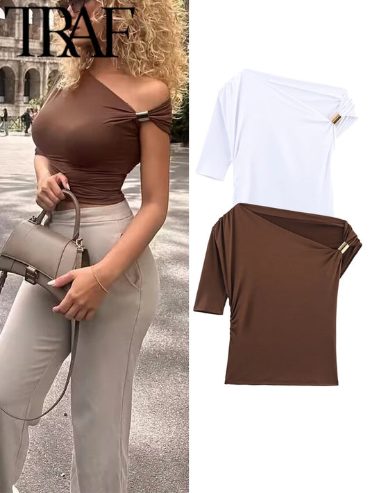 TRAF GAL 2025 Summer Thin Women Tees Short Sleeve Metal Detail Ruched Elastic Slim Asymmetric T-Shirt Female Crop Top Y2K