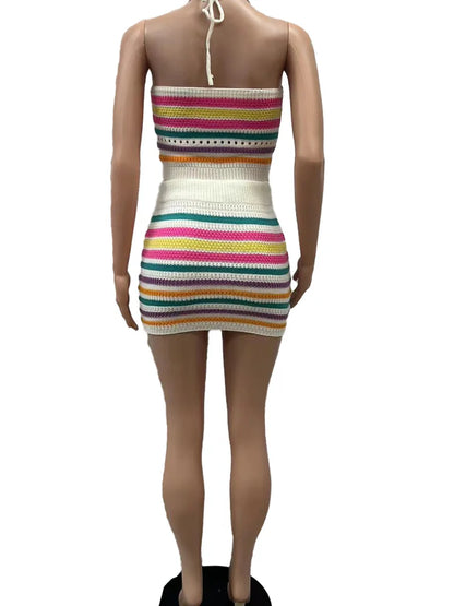 Beyprern Elegant Striped Knitthing Two Piece Set Women Halter Lace-Up Crop Top + Matching Shorts Set Beach Swimsuits 2 Piece Set