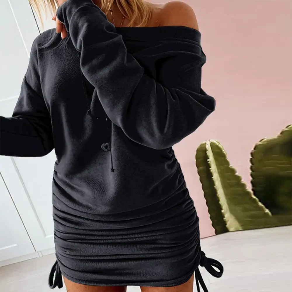 レディースセータードレス 長袖 ワンショルダー ドローストリング ボディコン 秋冬プリーツ セクシー ヒップラインドレス