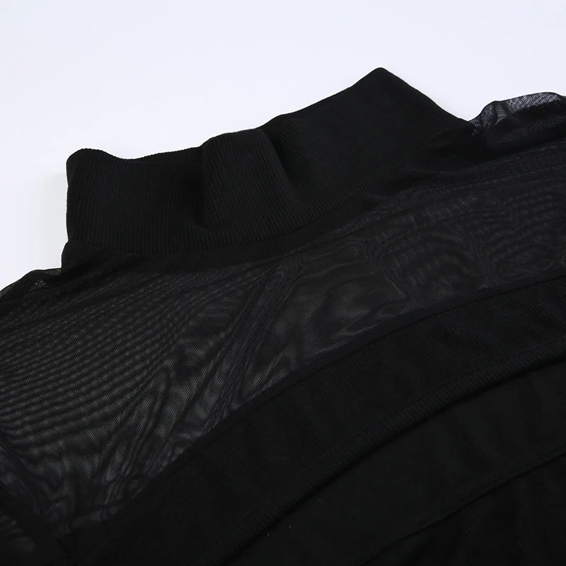 CIBBAR Black Hollow Out Bodysuit Mesh Patchwork Solid Full Sleeve See Through Bodycon Jumpsuit for Women Club Party Outfits Lady