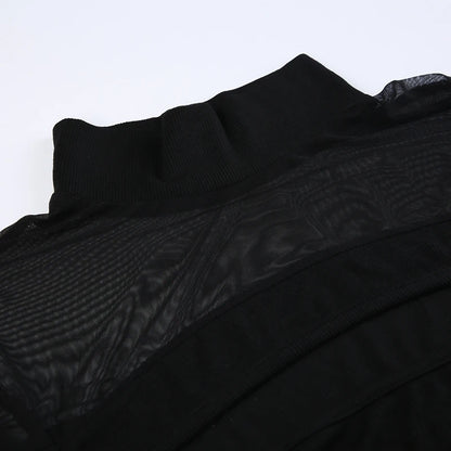 CIBBAR Black Hollow Out Bodysuit Mesh Patchwork Solid Full Sleeve See Through Bodycon Jumpsuit for Women Club Party Outfits Lady