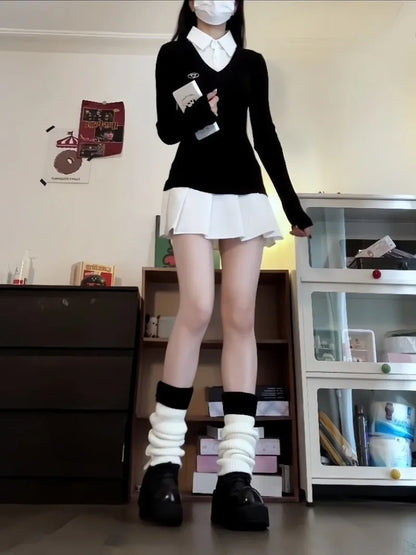 レディースポロカラー プリーツミニワンピース 春秋 ヴィンテージ プレッピースタイル シャツワンピース スリムフィット 長袖 韓国風