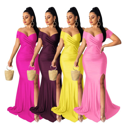 2024Sold Maxi Elegant Luxury Designer Party Dresses Women Off Shoulder Evening Dress Mermaid V-Neck Pleated Backless Long Dress