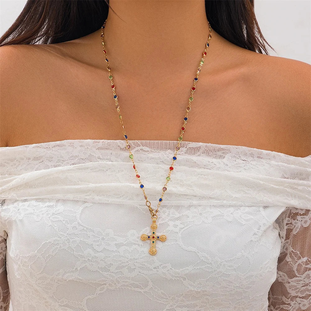 Unique Cross Pendant Necklace for Women Simple Crystal Necklace Sweater Chain Long Y-shaped Necklace Y2K Party Jewelry 2024