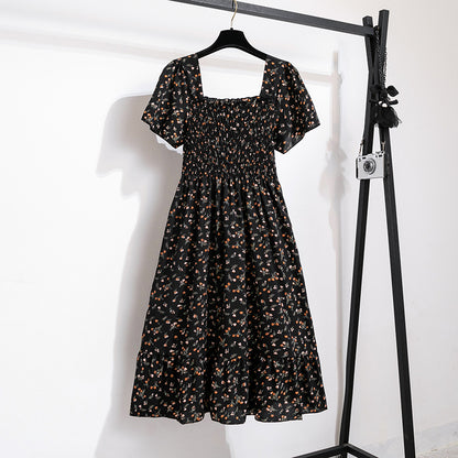 Summer Autumn Fashion Female Short Sleeve Elastic Waist Printed Floral A-line Midi Dress Women Chiffon Dresses Casual Dress