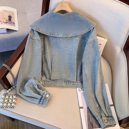 Women Turndown Collar Denim Jacket Casual High Waist Long Sleeved Button Up Short Jacket Fall Vintage Coat Streetwear Outerwear