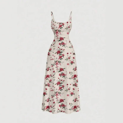 Women Summer Casual Sweet Floral Print Halter Dress High Waist Pleated Slim Fit A-line Dress Casual Vacation Dress