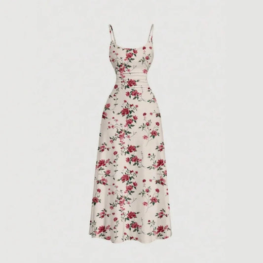 Women Summer Casual Sweet Floral Print Halter Dress High Waist Pleated Slim Fit A-line Dress Casual Vacation Dress