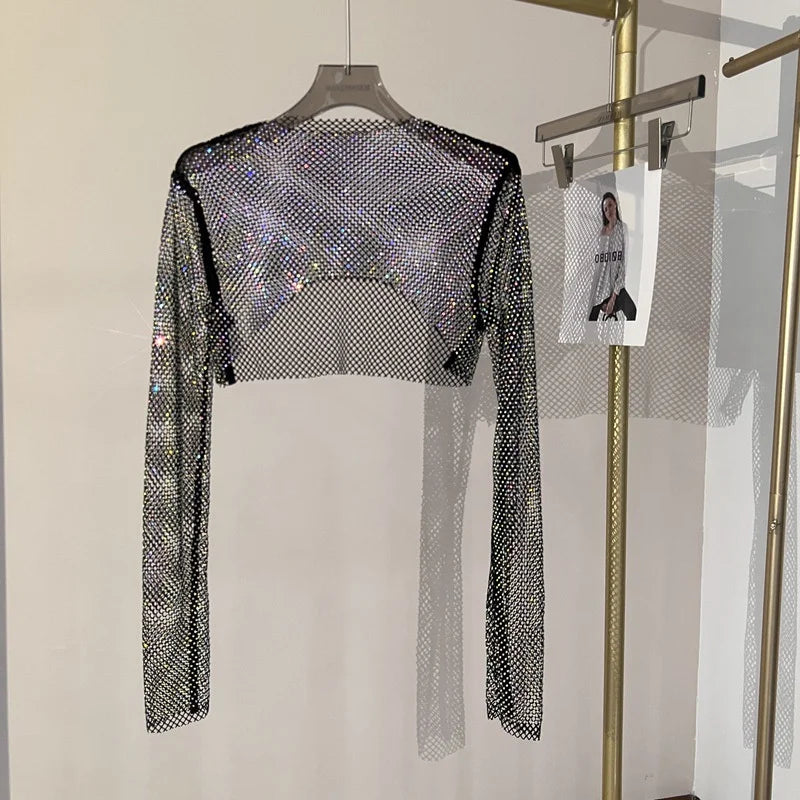 Handmade Women's Glitter Diamante Crop Top Sexy Hollow out Design Black Shining Tube Vest Short Tank Clubwear with Diamonds