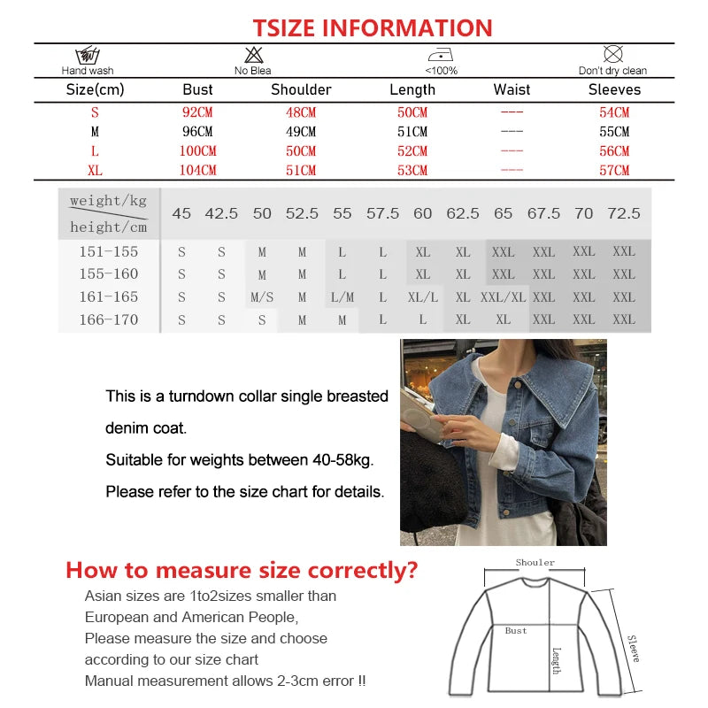 Women Turndown Collar Denim Jacket Casual High Waist Long Sleeved Button Up Short Jacket Fall Vintage Coat Streetwear Outerwear