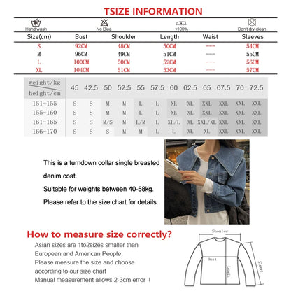 Women Turndown Collar Denim Jacket Casual High Waist Long Sleeved Button Up Short Jacket Fall Vintage Coat Streetwear Outerwear