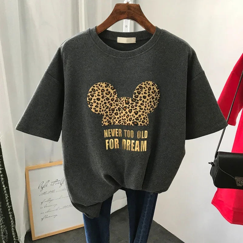 Gold Letter Grapic Leopard T-shirts Women Summer Loose Harajuku Female Black White T Shirt New Casual Women's Clothing Korean