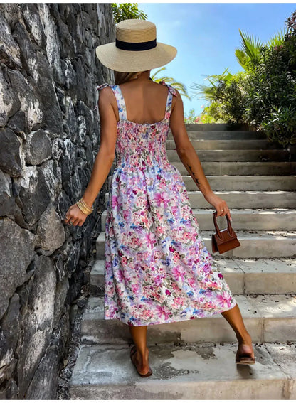 Summer Sexy Strap Midi Party Dresses Women 2024 Fashion Sleeveless Backless Print Slim White Dress Vacation Sundress Elegant
