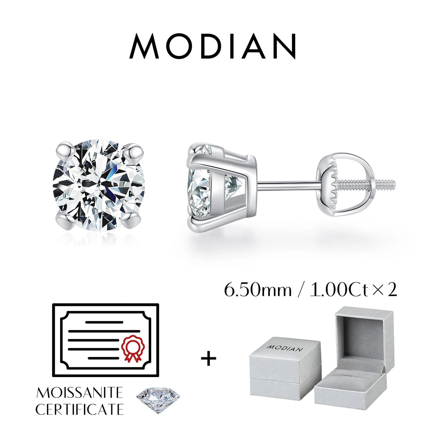 MODIAN D Color 1CT Moissanite Stud Earrings For Women 925 Sterling Silver 0.5CT Dazzling Lab Diamond Wedding Jewelry Gifts