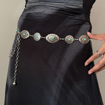 Fashion Silver Bohemian female circular waist chain luxury blue gemstone Ellipse chain belts for women suitable for Skirts dress