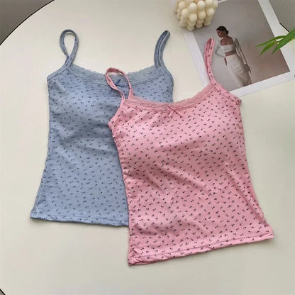 Summer Print Crop Tops for Women Bow Lace Camisole Sexy Backless Vest with Padded Basic Tank Top Bm Style Camis Y2k Streetwear