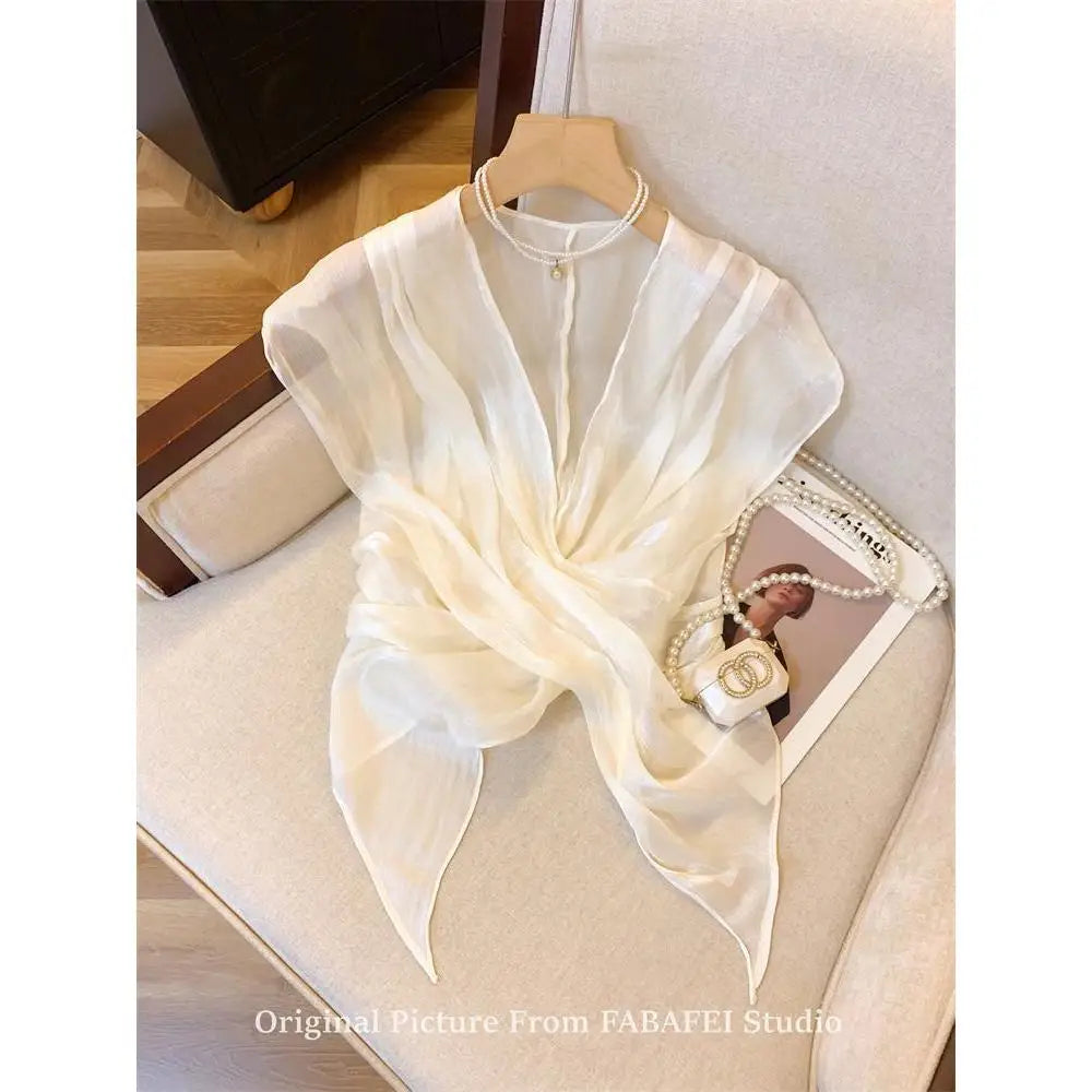 French Cross V-Neck Chiffon Blouse Women's Summer Premium Linen Sleeveless Irregular Tulle Top