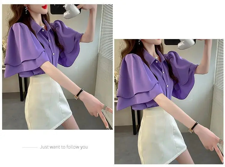 French Lady's Summer Loose Shirt Women's New Loose Blouse Solid Color Ruffle Short Sleeve Chiffon Top