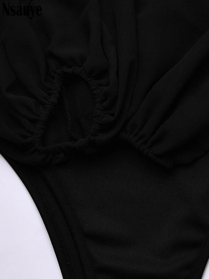 Nsauye 2022 Autumn Summer Sheath Long Puff Sleeve Skinny Women Rompers Bodysuits Y2K Square Collar Fashion Jumpsuit Body Tops
