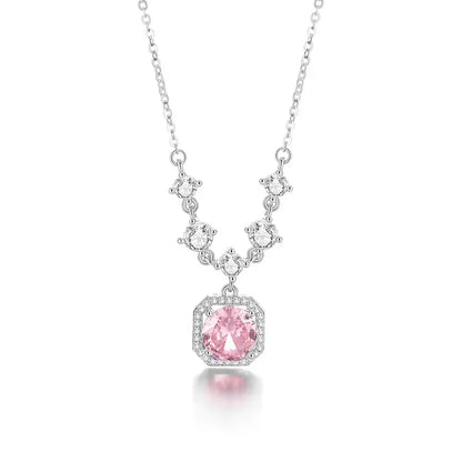 Luxurious Square Pink Zircon Pendant Necklace For Women Fashionable Personalized Daily Accessory Party Jewelry Birthday Gifts
